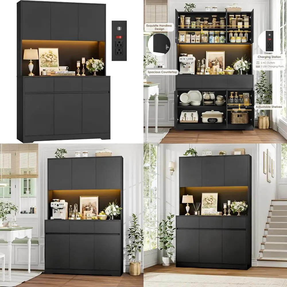 Large Kitchen Pantry Cabinet with Power Outlets, LED Lights, and Microwave Stand, Black Tall Storage Hutch