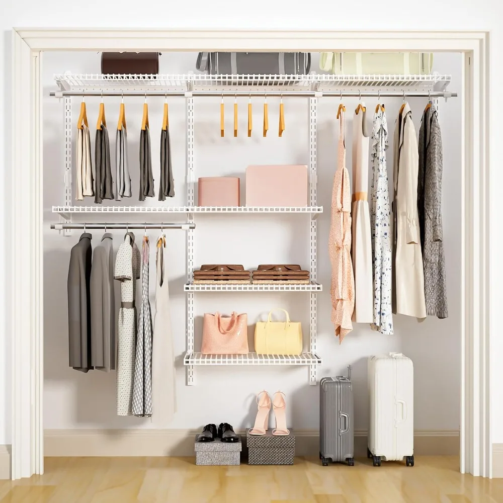 wire closet organizer system, wall mounted 6.5 ft. custom closet kit for bedrooms, adjustable storage shelves for clothes, shoes