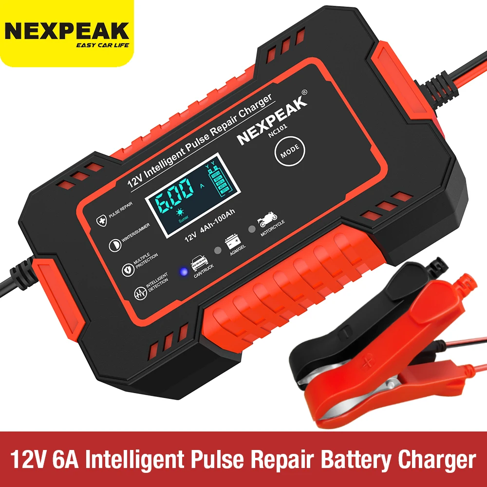 NEXPEAK Full Automatic Car Battery Charger 12V 24V 6A Digital LCD Display Power Puls Repair Wet Dry Lead Acid Battery Tester