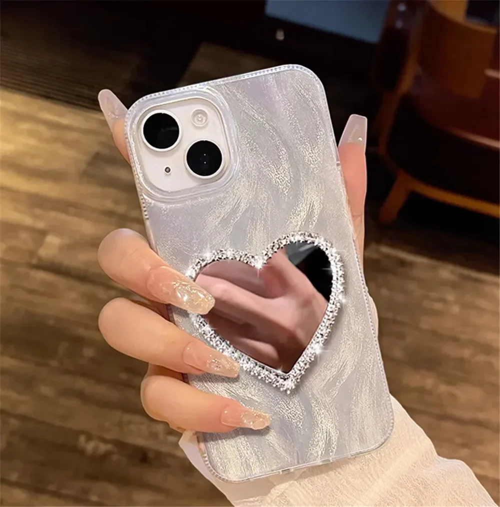 Luxury Diamond Heart Mirror Phone Case - Laser Shockproof Soft Silicone Back Cover