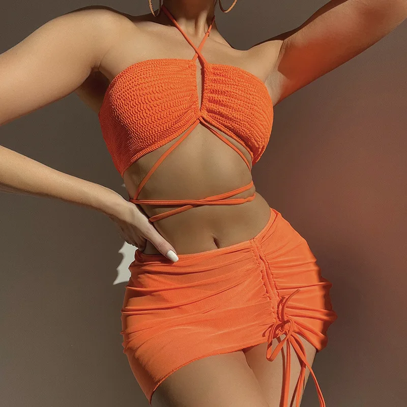 WackDaria Sexy Bikini Three Pieces Set Swimsuit Women With Pad Push Up Bathing Suit High Waist Beach Mesh Dress Cover