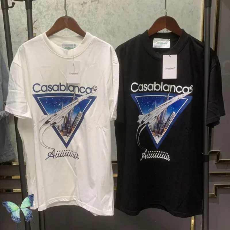 

100% Cotton CASABLANCA T-shirts City Airplane Triangular Print T Shirt Summer Stock 3XL Casablanca Short Sleeve for Men Women