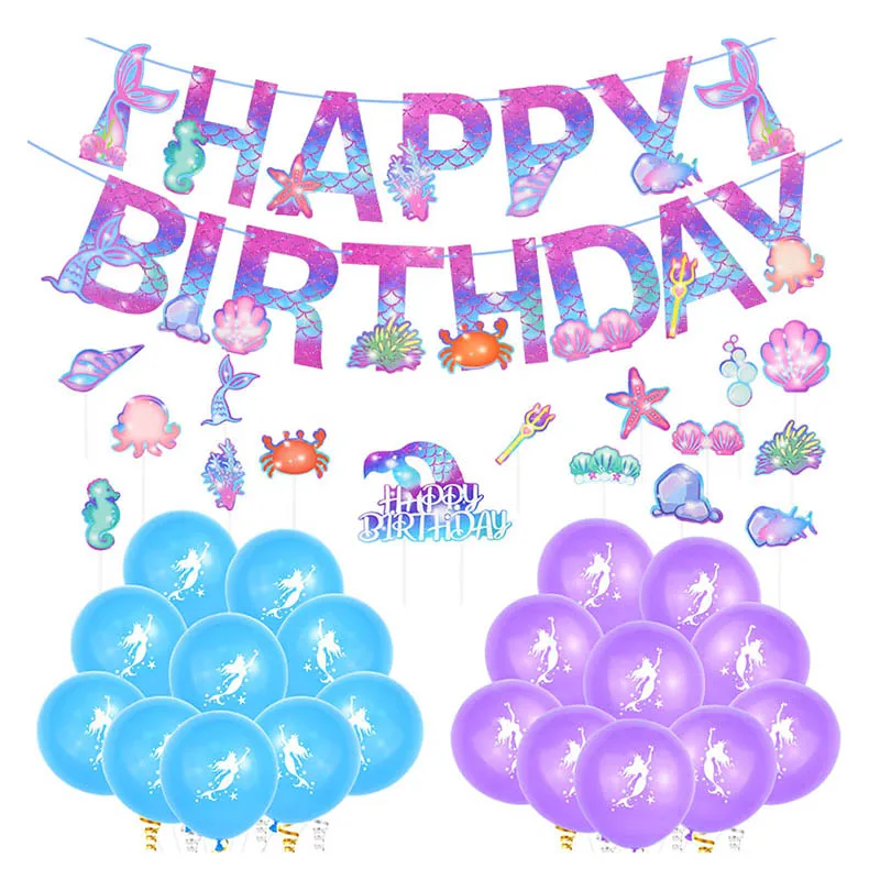 

Mermaid Party Decorations Mermaid Print Happy Birthday Banners Latex Balloon Cake Toppers Princess Birthday Anniversary Supplies