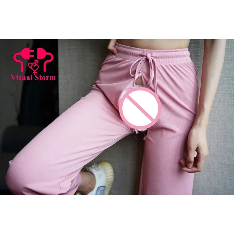 Woman Open Crotch Sexy Leggings Panties Party Hidden Double Zipper Erotic Pants Clubwear Exotic Gym Hot Ice Silk Couple Wild