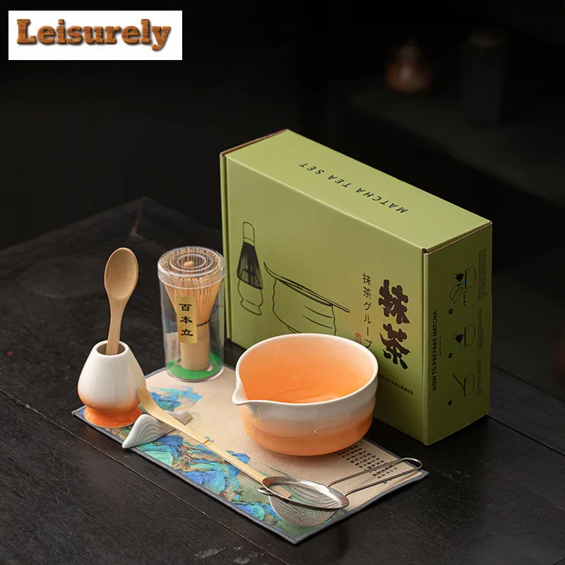 8 Pcs Leaf Tip Gradient Matcha Whisk Set Matcha Bowl, Matcha Bamboo Whisk, Scoop, Sifter Home Kitchen Decor Tea Making Tools