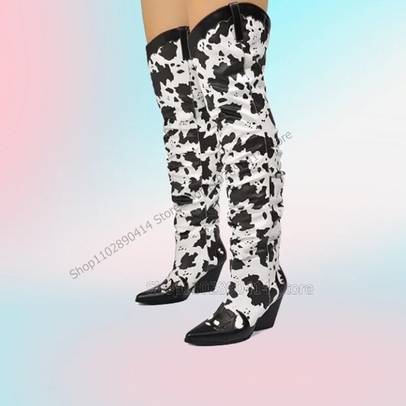 

Black White Dairy Cow Print Pointed Toe Boots Slip On Women Shoes Chunky High Heels New Fashion Banquet 2023 Zapatos Para Mujere