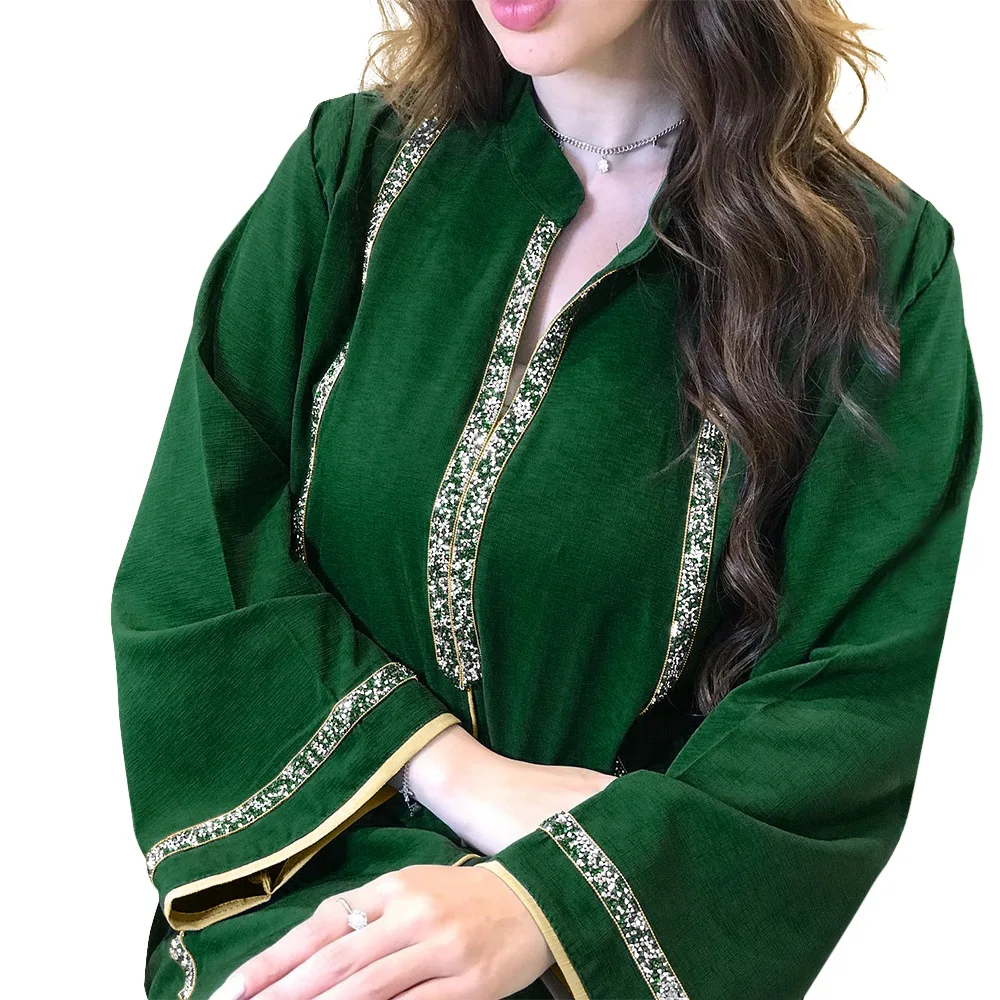 Ramadan Abaya Femme Musulmane Moroccan Caftan for Woman Fashion Solid Diamonds Full Sleeve Loose Turkish Dubai Robe Muslim Dress