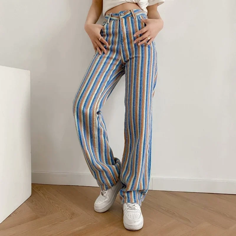 Fashion Summer Women's Pants Women's Clothing e girl aesthetic Color Striped Straight High Waist Casual Pants Streetwear Women