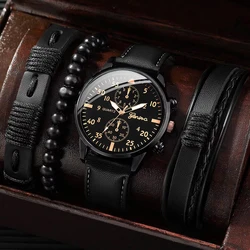 Men's Elegant Leather Band Quartz Watch & Woven Bracelet Set (4 - Piece Collection) (4PCS Set Without Box)