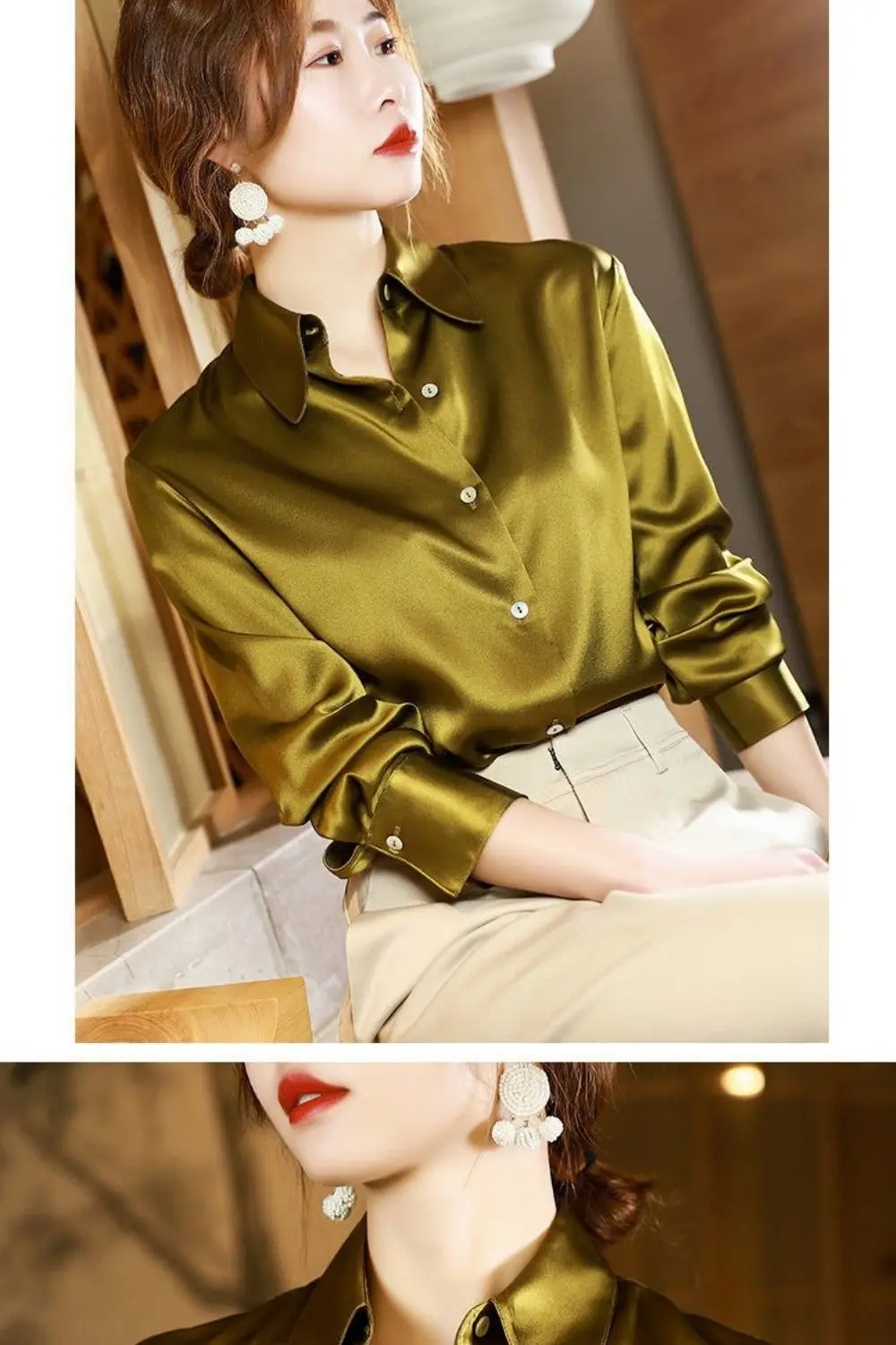 Women 2022 Spring Autumn Fashion Button Up Satin Silk Shirt Vintage Blouse Female Long Sleeves Tops Ladies Loose Shirts