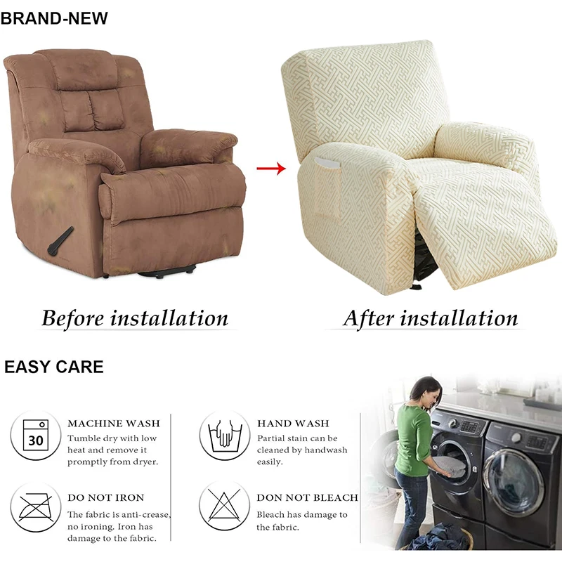 Thicken Recliner Sofa Cover Stretch Jacquard Single Armchair Sofa Relax Functional Sofa Slipcover Non-Slip 4 Pieces/set 4