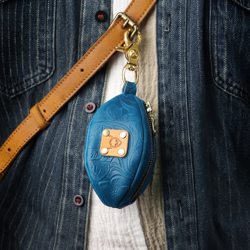 Small Mini Rugby Coin Purse Handmade Genuine Leather Coin Wallet Hard Leather Money Pocket With Hook Storage Bag