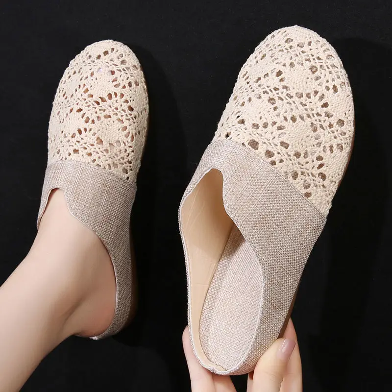 Women Flats Half slippers For Women Summer Woven Breathable Flat Bottomed Baotou Lazy Sandals