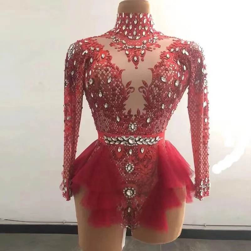 Sparkly-Rhinestones-Bodysuit-Women-ElasticPink-Mesh-Ruffles-Crystal ...