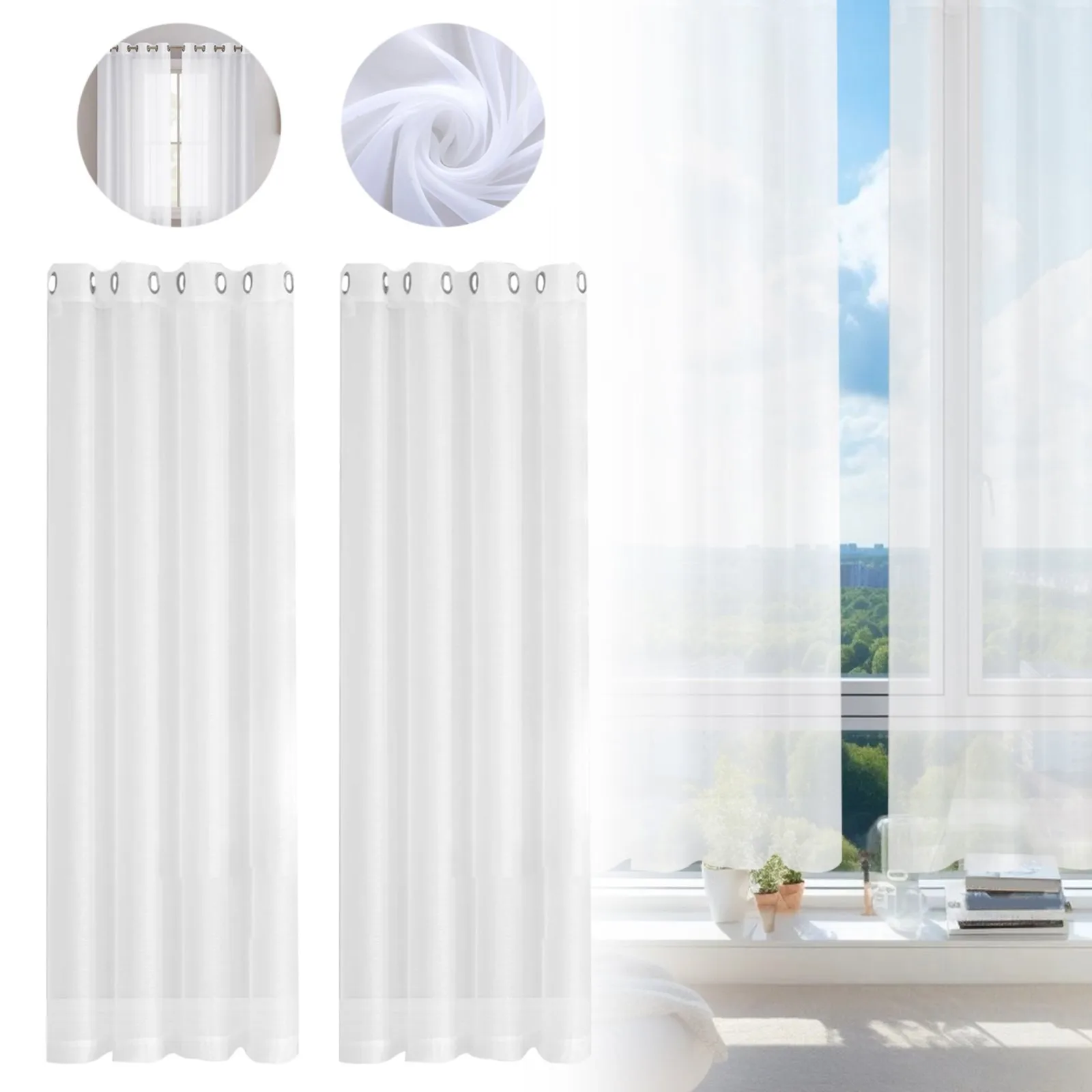 100*250cm White Translucent Window Screen Machine Washable Curtain Home Decoration For Living Room Bedroom 2pcs