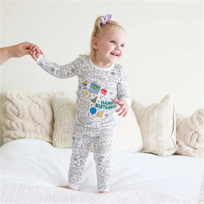 Colorable Two Piece Pajama Set for Children Boys Girls Color Your Own Handcraft Pyjamas Christmas Kids DIY Coloring Clothing