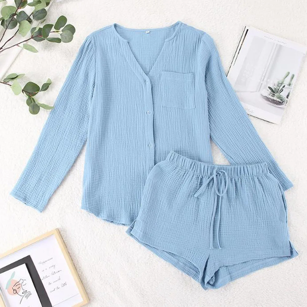 Women Loungewear Sets V Neck Loose Blouse Shirt High Elastic Drawstring Shorts