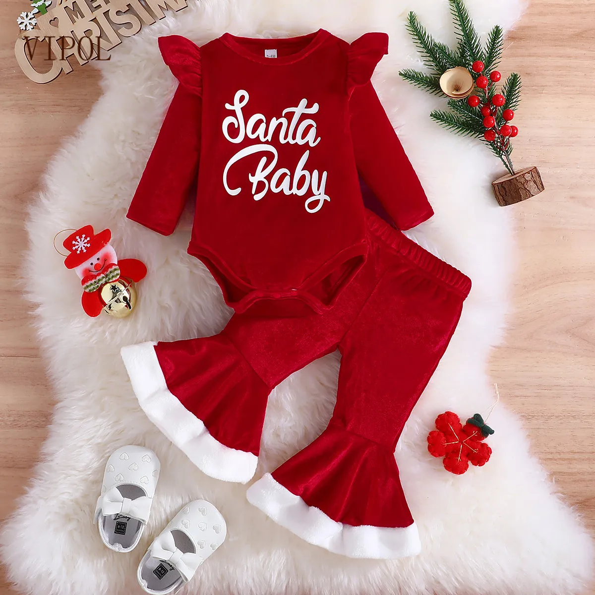 

VIPOL Christmas Red Baby Girls Clothes Long Sleeve Bodysuits Flare Pant 2 Piece Infant Set Santa Baby Letter Print New Born Suit