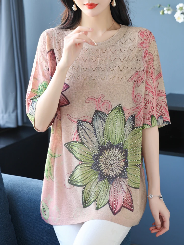 

Летняя вязаная футболка с цветочным принтом, женский свитер, пуловеры, одежда для женщин, футболки, топ, женская футболка с коротким рукавом