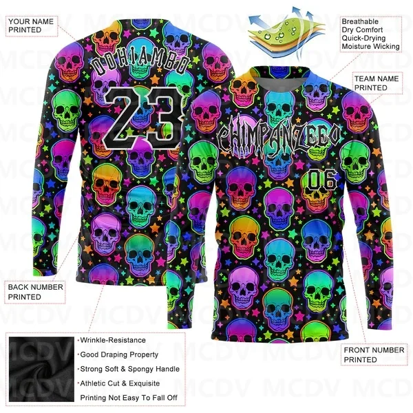 

Custom 3D Pattern Bright Multicolored Halloween Skulls Long Sleeve Performance T-Shirt 3D Printed Long Sleeve T-Shirt