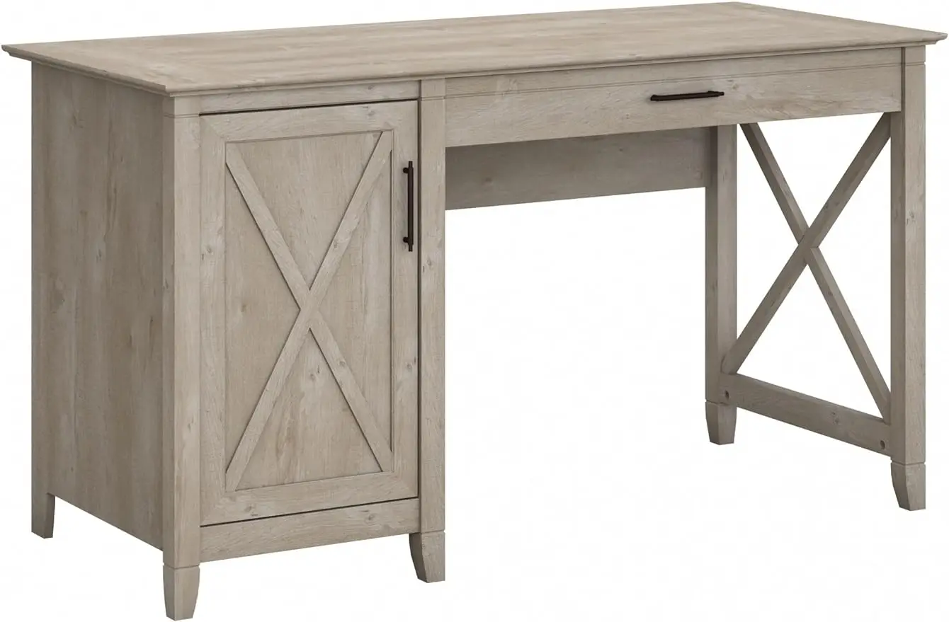 

Bush Furniture Key West Computer Desk with Storage, Farmhouse PC Table for Home Office in Washed Gray, 54W x 24D