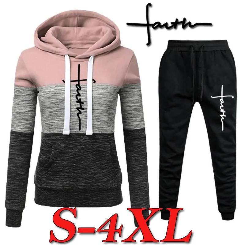 2023 Faith Print Sweatsuit Women's Hoodie And Sweat Pants Jogging Casual Track Suit Fashion 2 Piece Set yale washed cargo sweat pants gray
