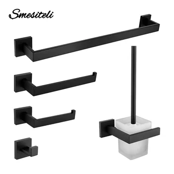 Set di accessori per il bagno nero opaco Kit di accessori Mensola a muro Porta asciugamani Porta accappatoio Porta scopino Porta carta in rotolo Piatto 1
