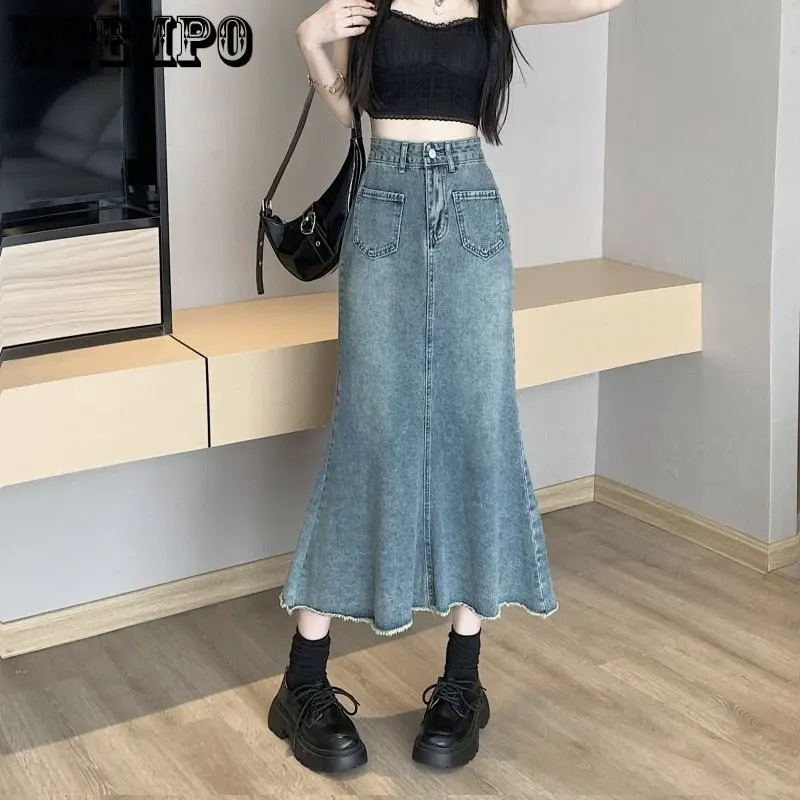 

Vintage Blue Denim Fishtail Skirt Women's Spring Summer American Street A-line High Waist Straight Tube Knee Length Skirt Y2k