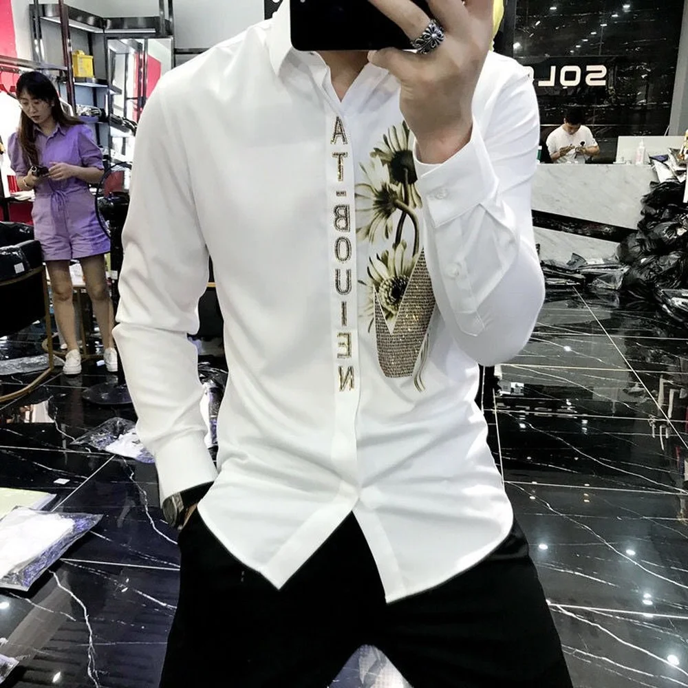Men's Long-sleeved Shirt,  Flower Pattern Digital Printing Non-iron Black and White  Shirt   Korean Fashion Clothing Trends，