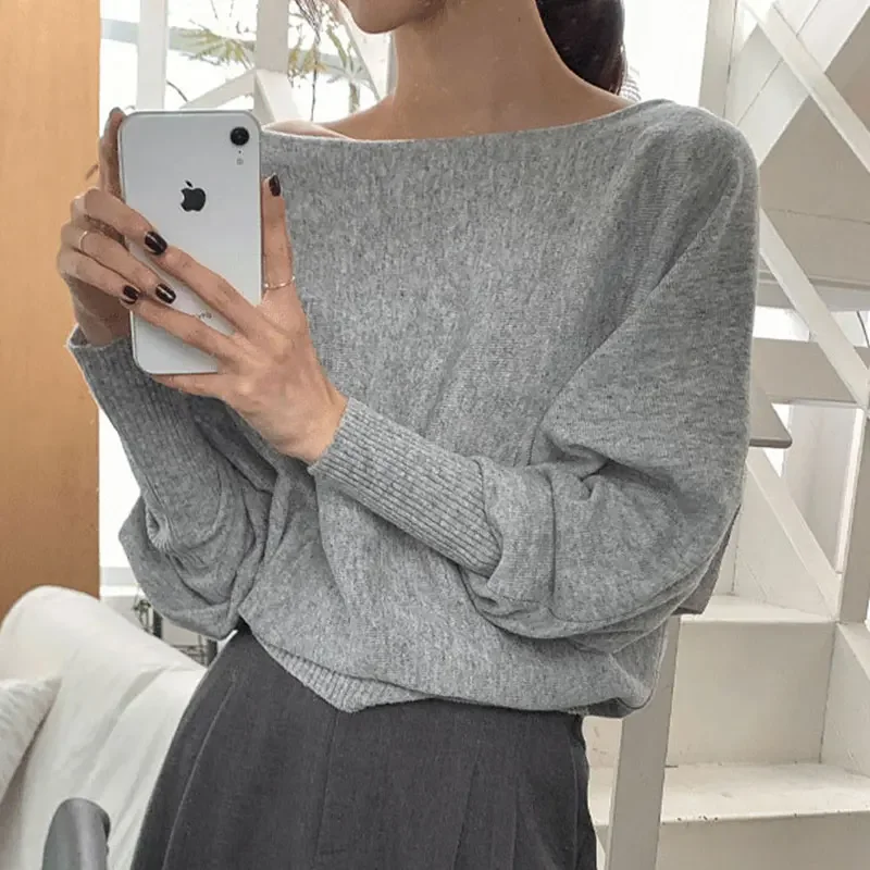 

South korea Chic Autumn Retro Elegant round Neck Pullover Solid Loose All-Match Lantern Sleeve Knit Sweater Women