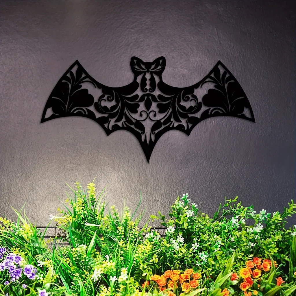 

HELLOYOUNG Floral Bat Metal Wall Hanging Art Flower Black Metal Art Sign Decor Living Room Floral Large Outdoor Wall Art Home De