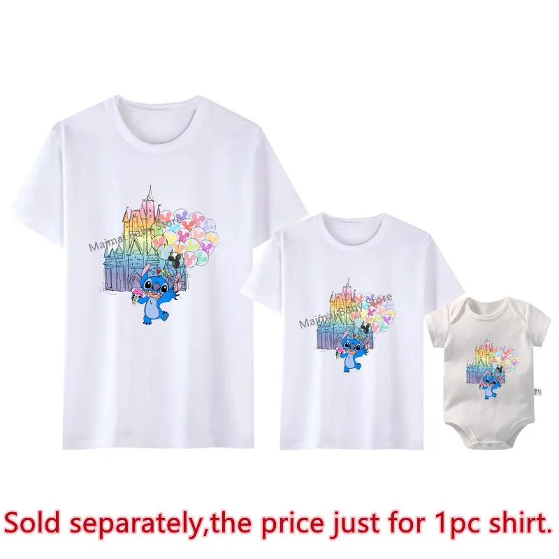 New Watercolor Castle Stitch Print Family Matching Shirts Funny Family Look Dad Mom Kids Tees Tops First Disneyland Trip Outfits 4