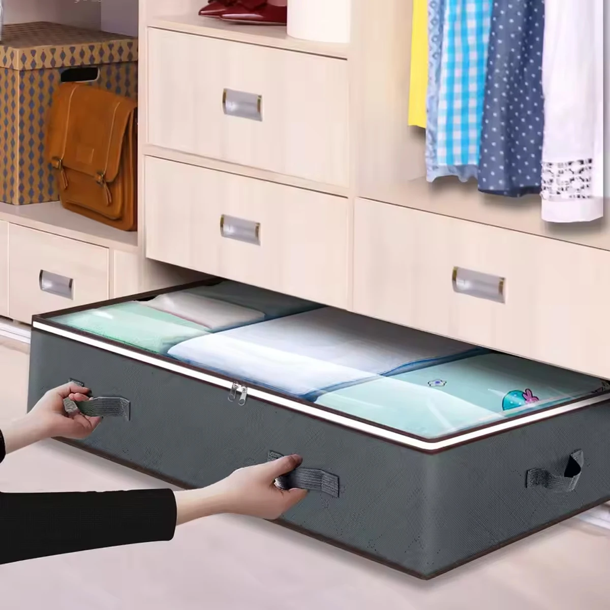 Clothes Storage with Lids, Foldable Blanket Storage Bins