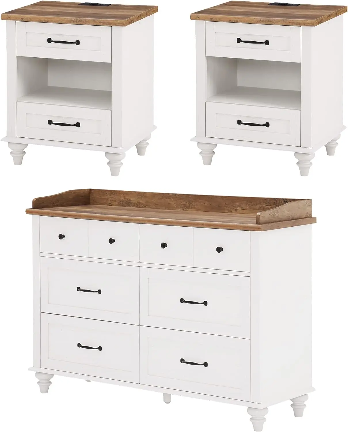 

3 Piece Dresser and Nightstand Sets, White Dresser & Chests of Drawers with 6 Drawers and Metal Handle,Set of 2 End Tables