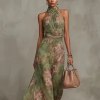 Robe longue de soirée fluide en mousseline verte à imprimé floral pour femme, col halter, sans manches, taille froncée 5