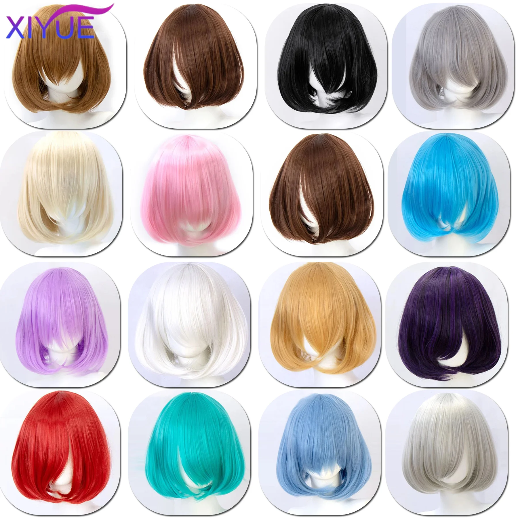 XIYUE Synthetic short bob straight hair with trimmable bangs Lolita Ombre pink red blue purple cosplay wig for women short wigs