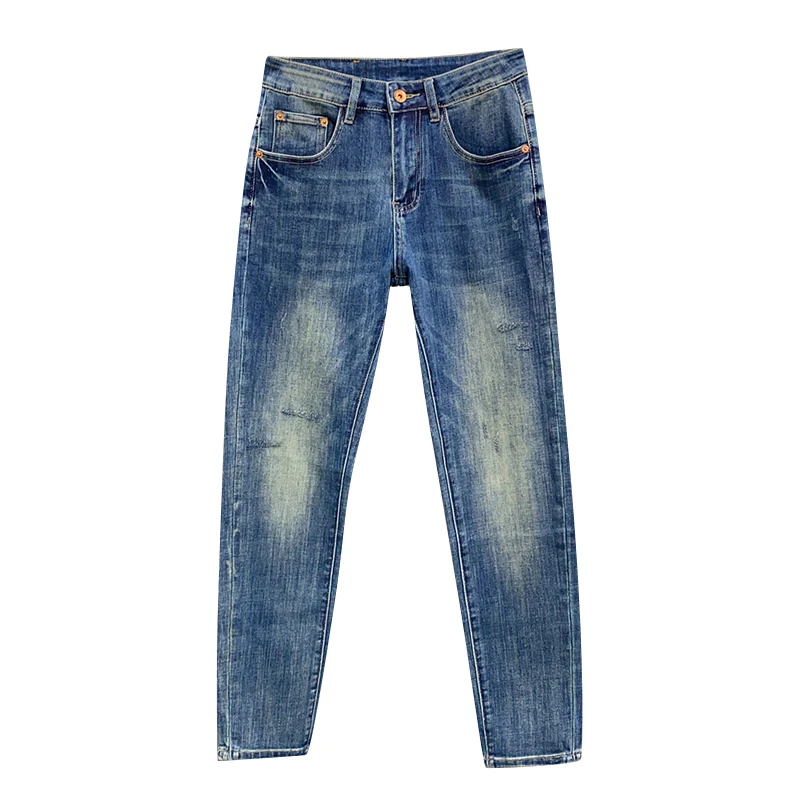 2024 light luxury printed design high-end men's jeans slim fit skinny style trendy fashionable quality casual trousers pale blue