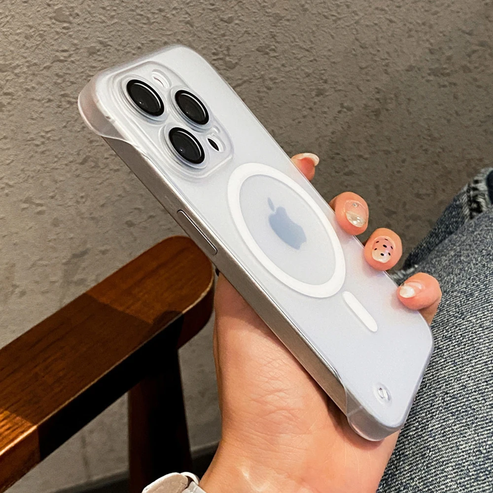 Ultra Thin Magnetic Matte Frameless Phone Case with Lens Protector and Translucent Frosted Back Cover