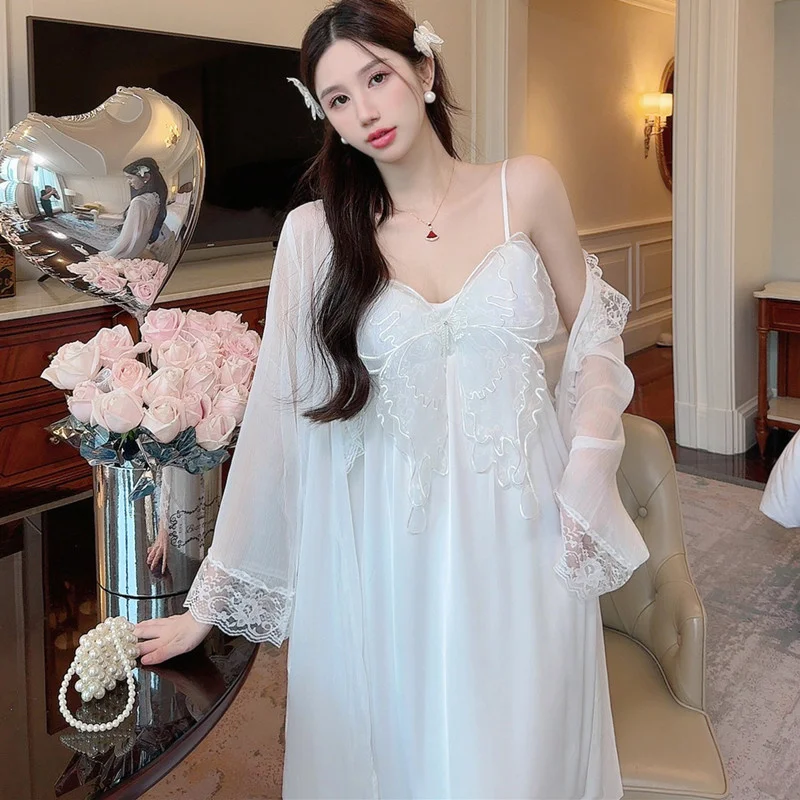 Summer New Arrival Chiffon Bathrobe With Ice-silk Nightdress Set Robe Gown Sets Fashion Women's Sweet Elegant Fairy Sleepwear