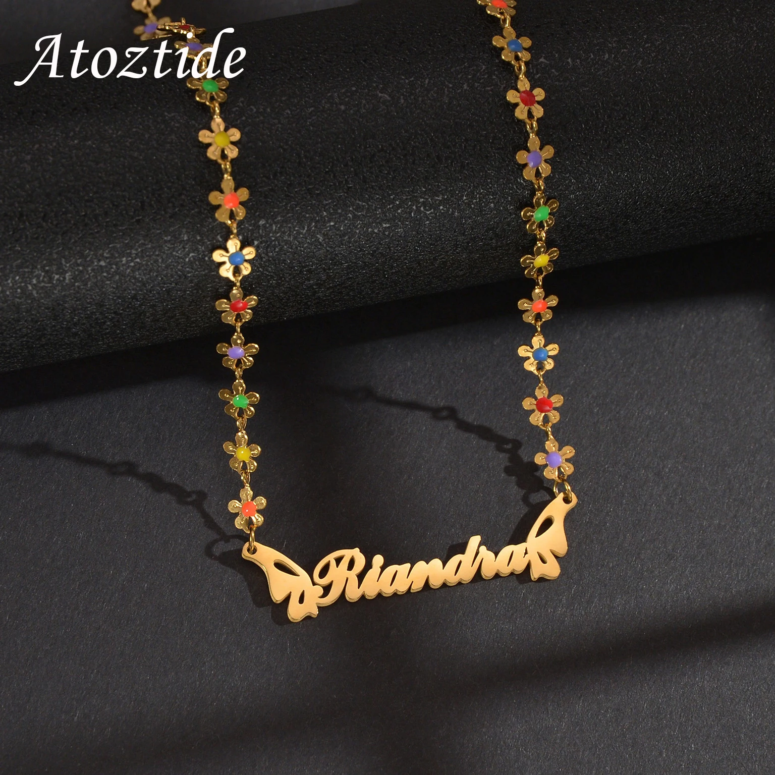 Atoztide Personalized Custom Name Necklace for Women Oil Flower Link Chain Stainless Steel Letter Fashion Pendant Jewelry Gift