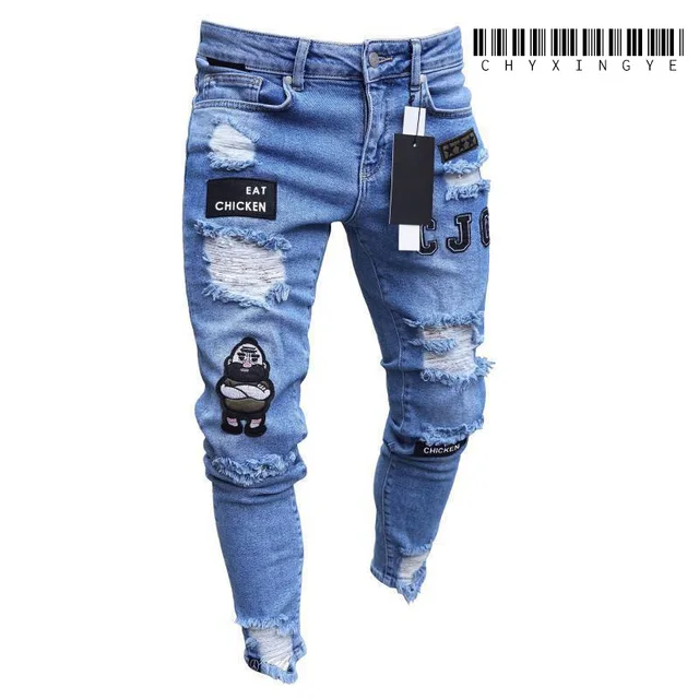 2023 White Embroidery Skinny Ripped Jeans Men Cotton Stretchy Slim Fit Hip Hop Denim Pants Casual Jeans for Men Jogging Trousers 1