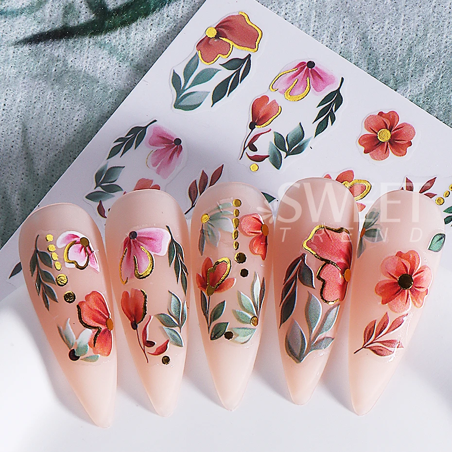 3pcs Elegant Flower Nail Sticker Bronzing Border Petals Hibiscus Vine Leaf Design Nail Decals Sliders DIY Manicure Decoration