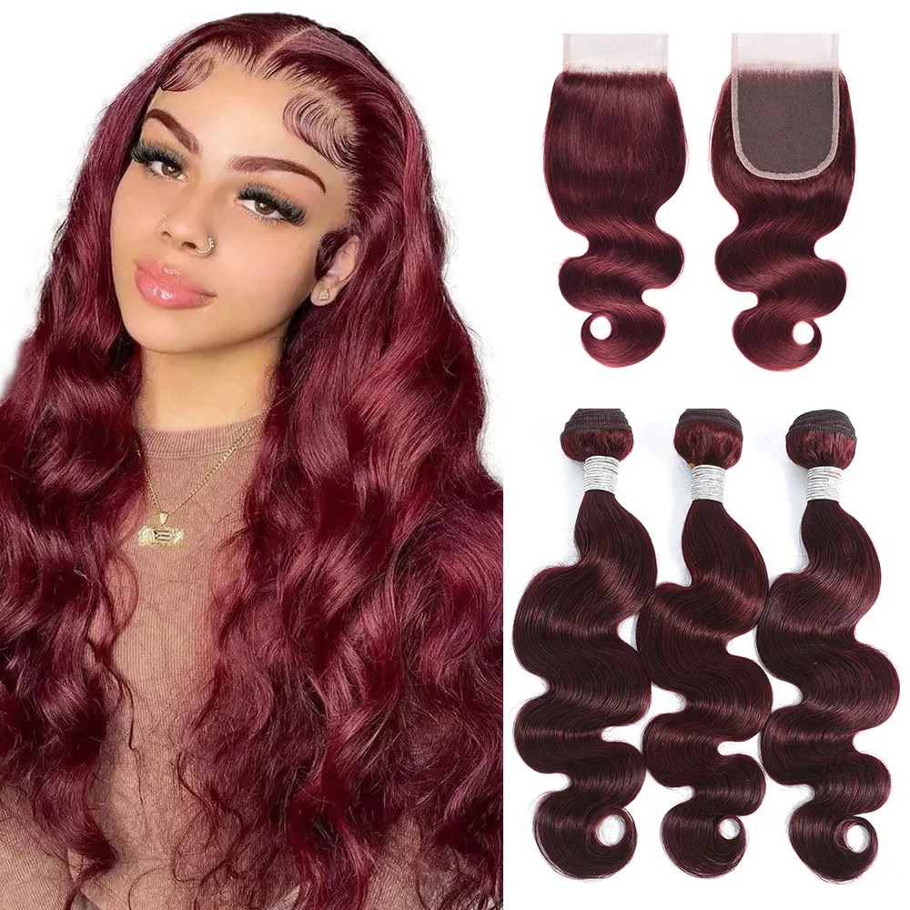 Body Wave 99J Dark Red Human Hair Bundles With Closure  display picture 3