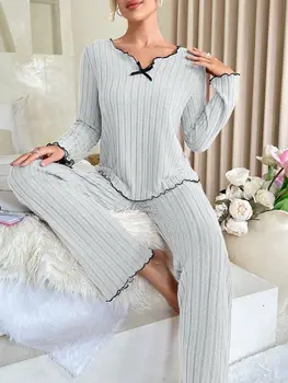 Autumn Winter Sleepwear for Women Casual Ribbed Pajamas Set Long Sleeve Top and Long Pants 2 Piece Set Homewear Loungewear