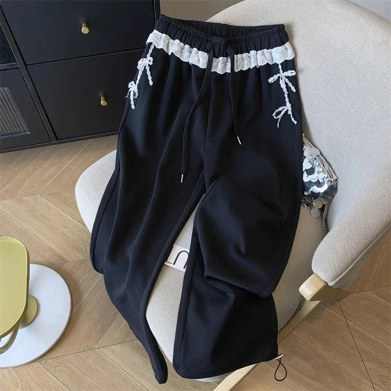 Gray Lace Patchwork Sweatpants Women High Waist Sweet Trousers Korean Fashion Loose Female Elegant All Match Wide Leg Pants
