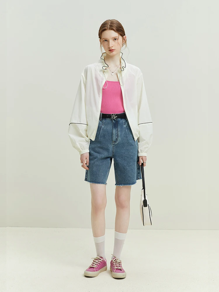 FSLE Retro Denim Blue Women Shorts 2023 Summer Five Point High Waist Straight Pants Frayed-trimmed Cotton Women Denim Shorts