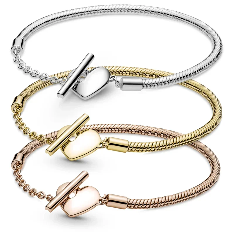 

Heart T-Bar Snake Chain Bracelet 925 Silver Original Luxury Certified Making Charm Bead Brand Diy Cuff Jewellery New In Women