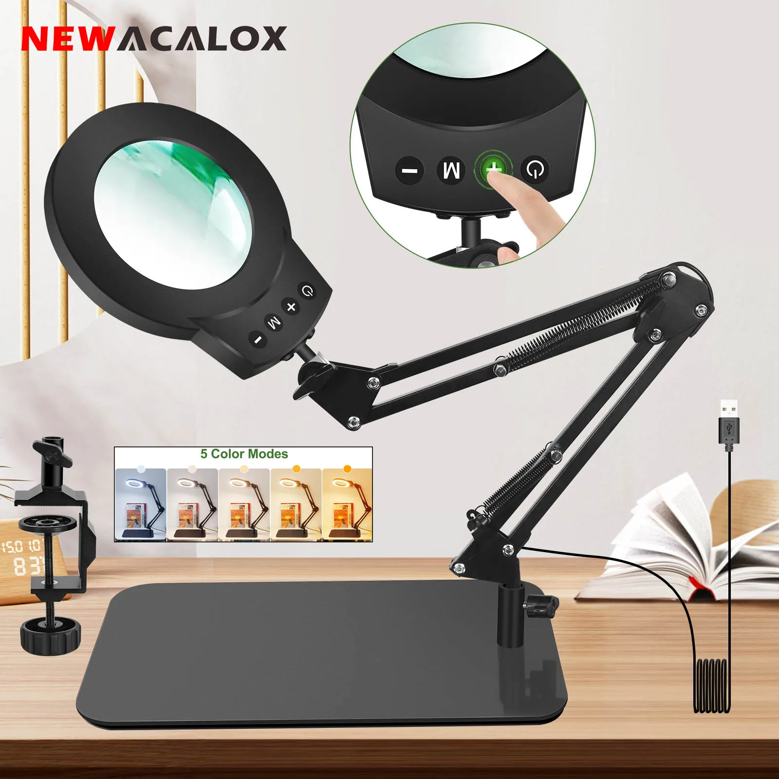 

Stand&Clamp 5X Magnifying Lamp with 5 Modes Stepless Dimmable Adjustable Swing Arm LED Lighted Desk Lamp Hands Free Magnifier