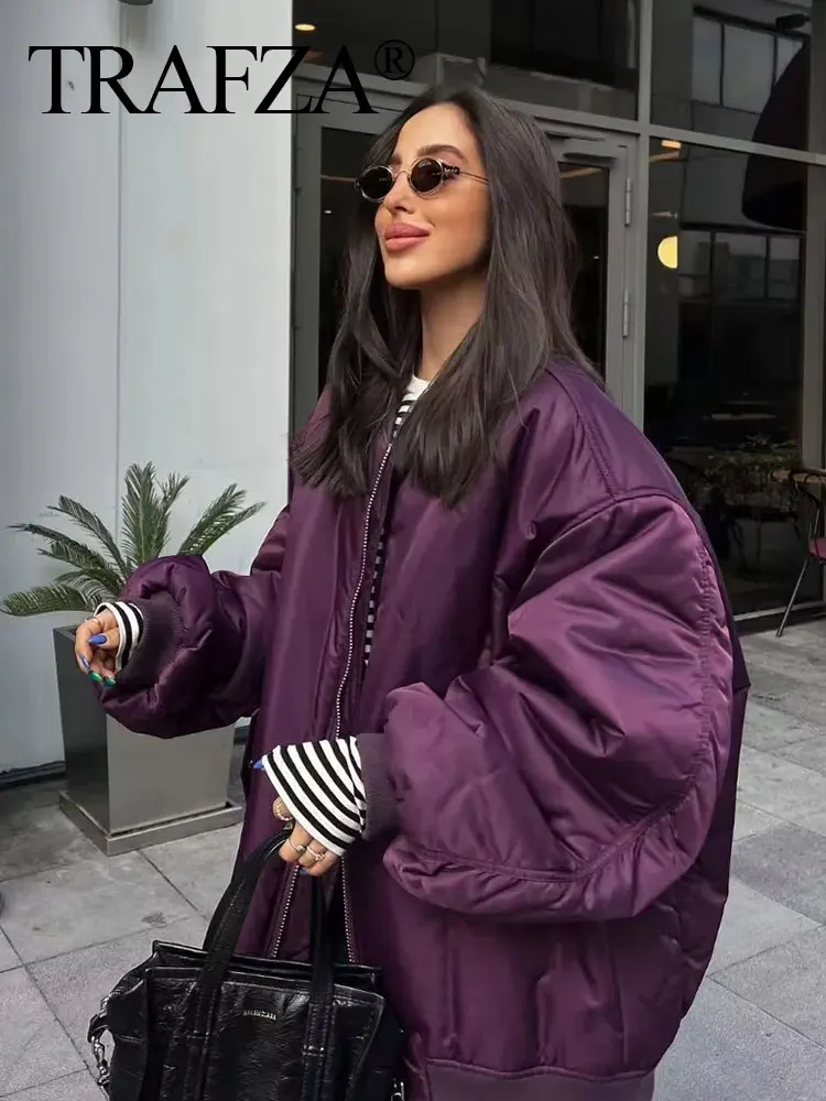 

TRAFZA Winter Women's Clothing Zipper Loose Bomber Jacket Casual Warm Cotton Coats Fashion Vintage Female Street Outerwear