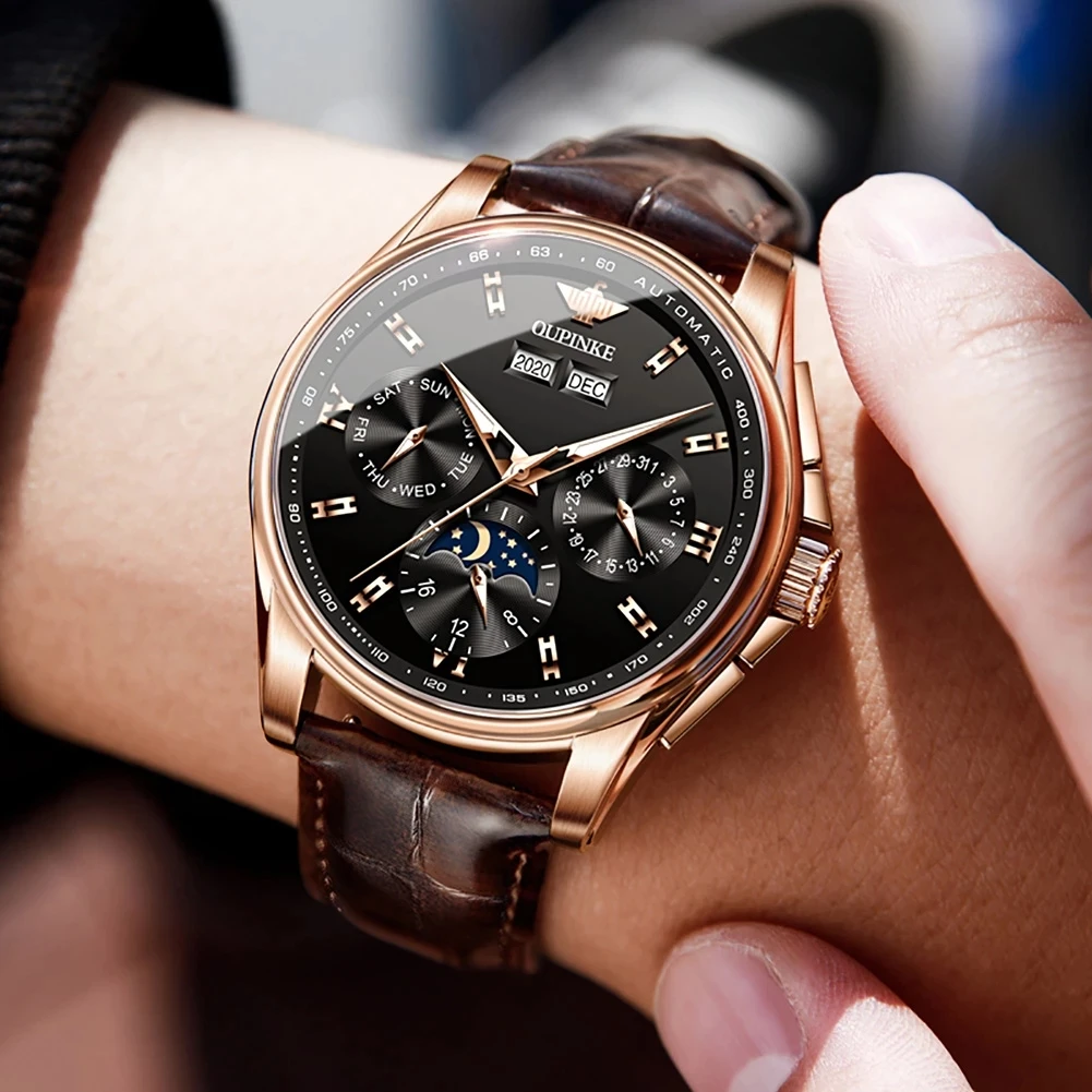 OUPINKE Luxury Brand Watches for Men Automatic Mechanical Watches Genuine Leather Band Waterproof Moon Phase Men's Wristwatches mechanical watch